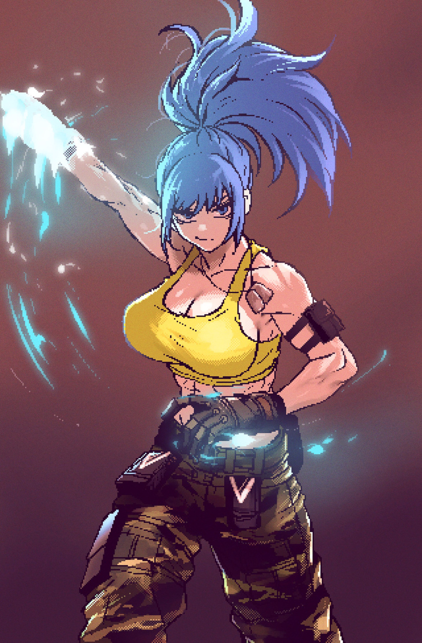 abs absurdres arm_pouch biceps blue_eyes blue_hair breasts camouflage camouflage_pants cargo_pants crop_top dog_tags earrings female gloves highres jewelry king_of_fighters king_of_fighters_xv leona_heidern muscular muscular_female pants pixel_art pixelated ponytail sleeveless soldier solo spoiledmuffin tank_top triangle_earrings yellow_tank_top