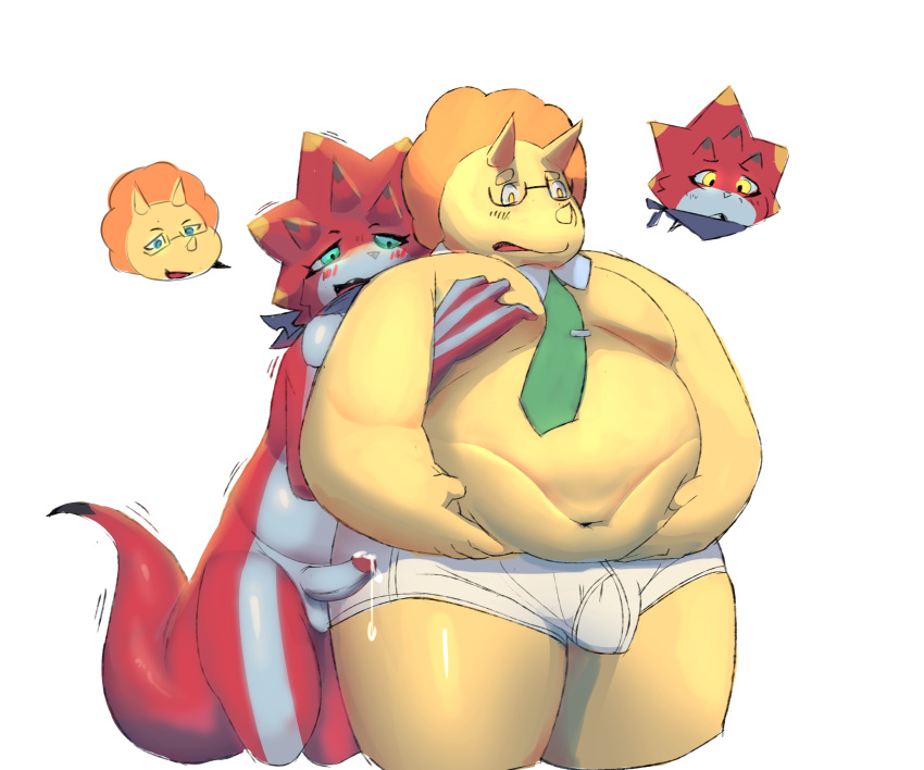 2boys 6:5 absurd_res alexander_bite amagi_brilliant_park anthro bandai_namco betelgammamon bodily_fluids body_swap clothing cum cum_on_penis digimon digimon_(species) duo fat fat_man genital_fluids genitals hi_res male male/male male_only multiple_boys penis precum slightly_chubby small_waist triken underwear yellow_body