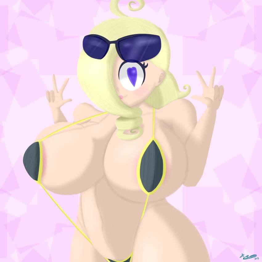 dannyiac female heart-shaped_pupils heart_eyes indigo_eyes lipstick olivia_(dannyiac) sling_bikini sunglasses sunglasses_on_head