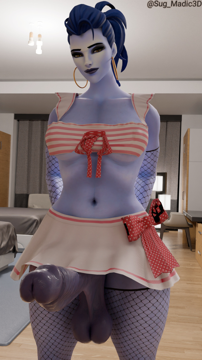 3d big_balls big_breasts big_hips big_penis big_testicles big_thighs bikini circumcised circumcision_scar frenulum_attached futa_only futanari huge_cock hung_futanari nyl_widowmaker overwatch overwatch_2 poking_out poking_penis purple-skinned_futanari skirt skirt_lift sug_madic3d widowmaker