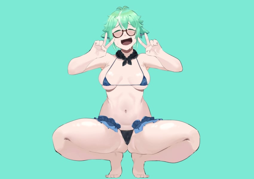 alchemist animal_ears genshin_impact glasses medium_breasts minibikini mondstadt okpriko peace_sign solo_female squatting sucrose_(genshin_impact)