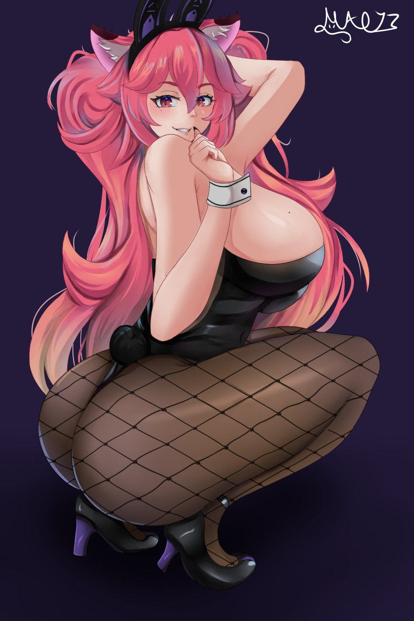 animal_ears ass_focus beauty_mark big_ass big_breasts booty bubble_butt bunnysuit crouching curvy_female dat_ass digital_media_(artwork) fishnet_legwear fishnets gradient_hair hands_behind_head headband heels hot_pink_hair latam_virtual_youtuber legwear leotard light-skinned_female long_hair lunaria_ayaren mao13 mole_on_breast posing purple_background smiling solo_female thick_ass thick_thighs twintails virtual_youtuber voluptuous vtuber vtuberfanart youtube_hispanic