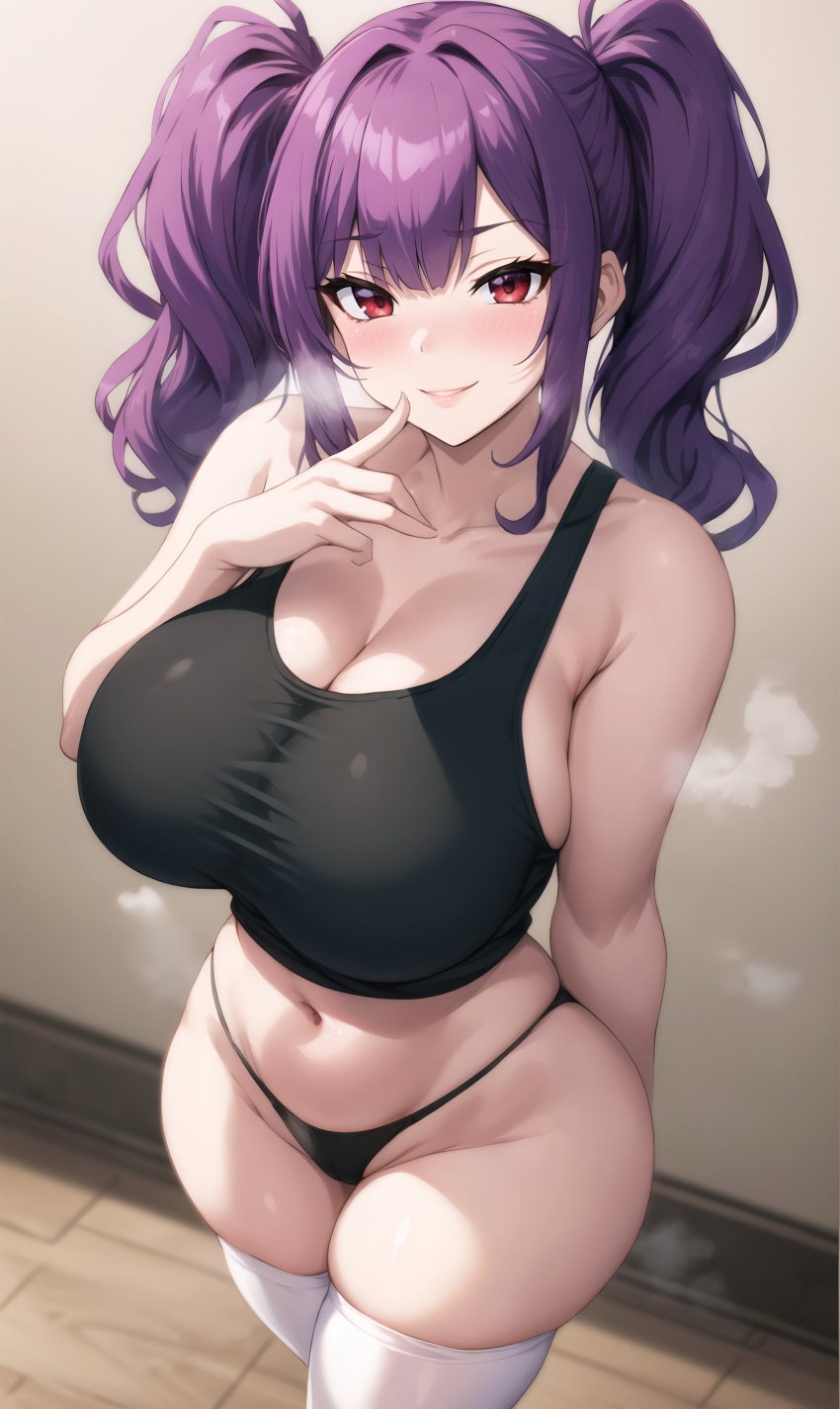 1girls ai_generated azur_lane breasts crop_top female huge_breasts light-skinned_female light_skin long_hair midriff panties pola_(azur_lane) purple_hair red_eyes smile stable_diffusion stuffyai thick_thighs twintails wide_hips