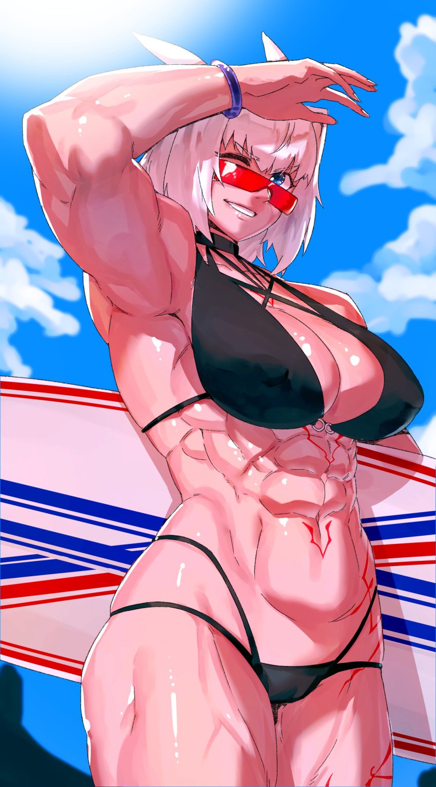 1girls abs armpits bikini breasts caenis_(fate) caenis_(swimsuit_rider)_(fate) fate/grand_order fate_(series) looking_over_eyewear looking_over_glasses looking_over_sunglasses minew muscular_female outdoors red-tinted_eyewear short_hair solo sunglasses surfboard tinted_eyewear white_hair