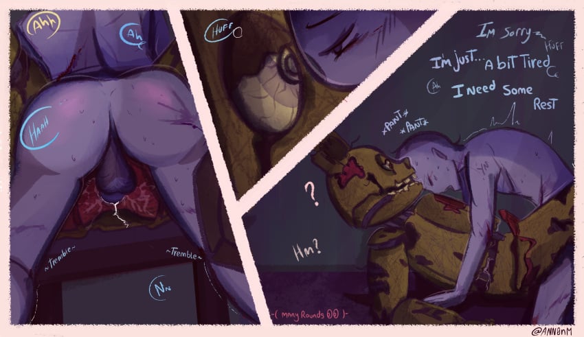 anal anal_sex animatronic ann00nm ass back_view balls corpse dialogue english_text erection exhausted five_nights_at_freddy's five_nights_at_freddy's_3 forced gay looking_at_another male male/male male_only moan moaning naked nude penetration penis rabbit scars sex springtrap springtrap_(fnaf) text undead