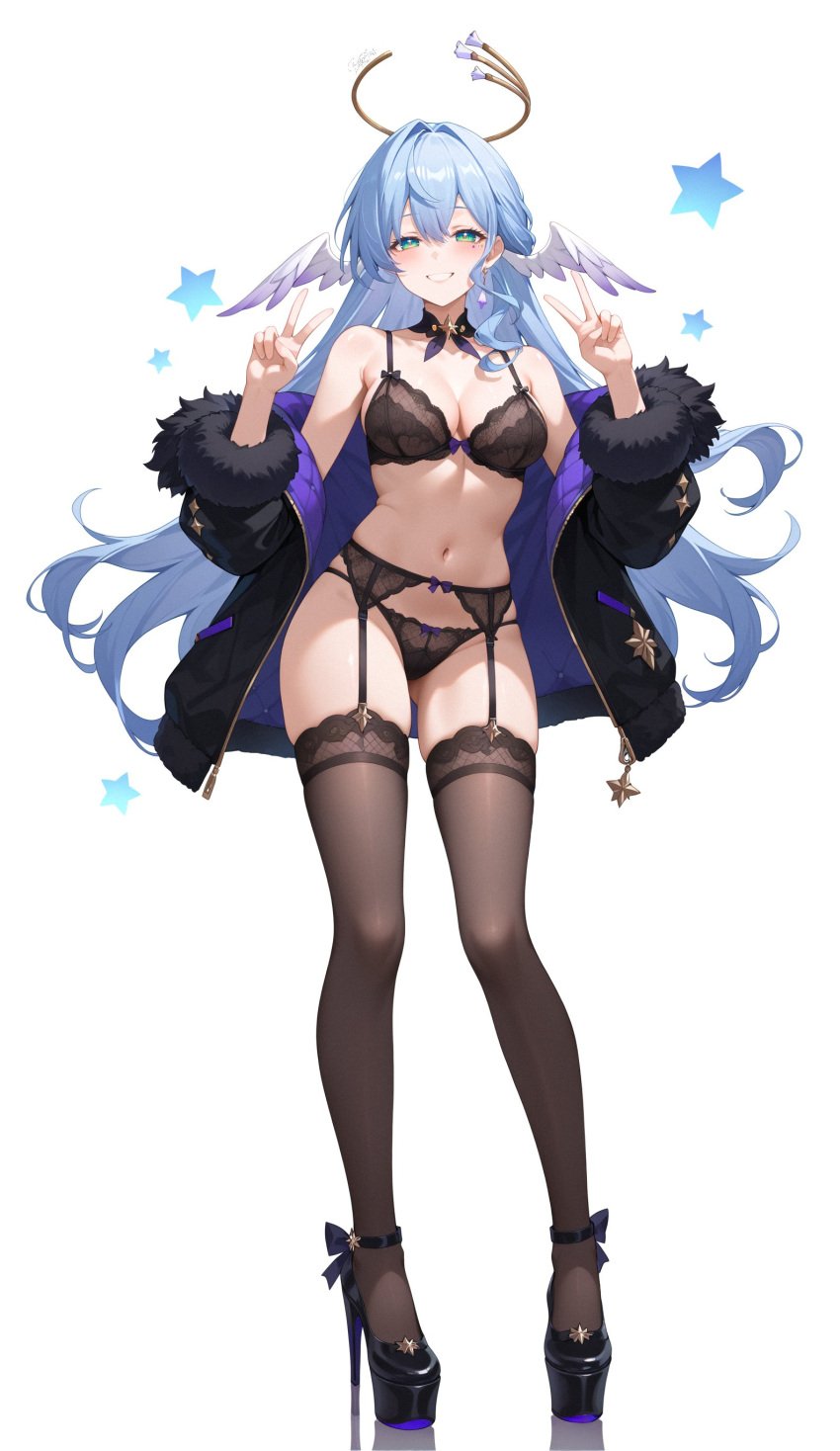 1girls ai_generated angel_wings blue_hair bra breasts double_peace_sign garter_belt garter_straps green_eyes high_heels honkai:_star_rail jacket lingerie looking_at_viewer nai_diffusion navel open_jacket panties peace_sign platform_heels robin_(honkai:_star_rail) simple_background smile solo stable_diffusion thighhighs v