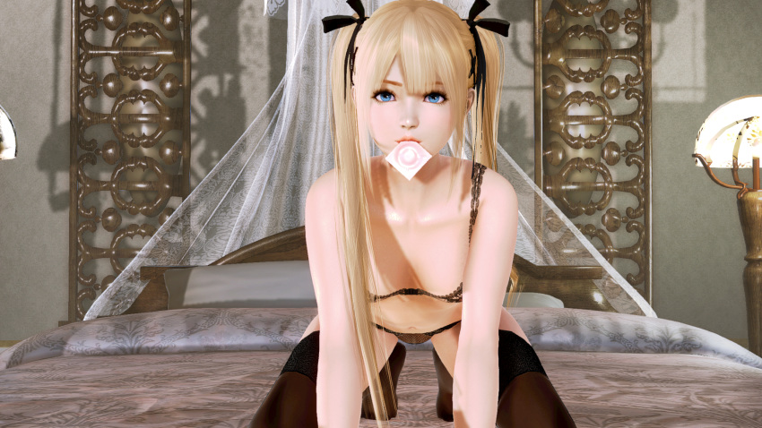 1girls 3d bed black_bra black_legwear black_lingerie black_panties black_stockings blonde_hair blue_eyes bra breasts condom condom_in_mouth dead_or_alive dead_or_alive_5 female female_only hair_ribbon legwear lingerie long_hair looking_at_viewer marie_(artist) marie_rose mouth_hold panties petite small_breasts solo stockings thighhighs thong twintails