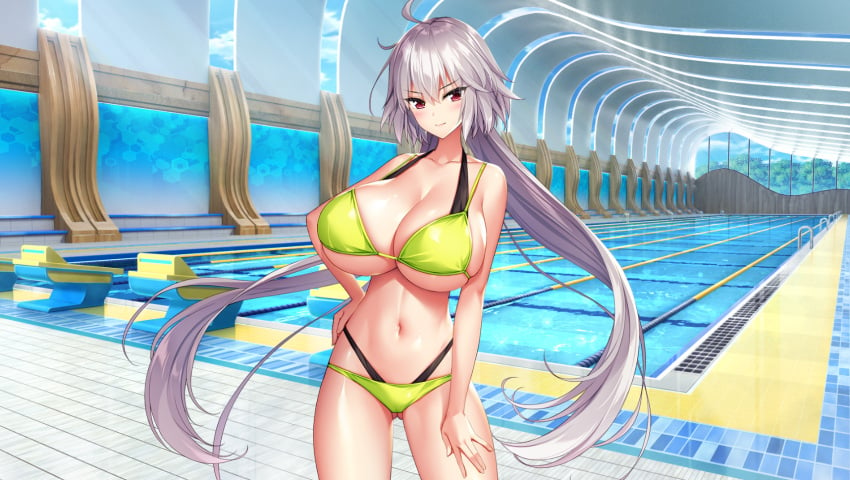 bikini huge_breasts lecia(milk_factory) milk_factory motto!_haramase!_honoo_no_oppai_chou_ero_appli_gakuen! pool tagme white_hair