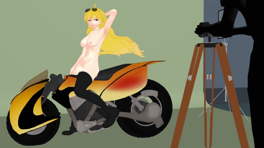 1boy 1girls blonde_female blonde_hair casual faceless_male female human long_hair long_hair_female motorcycle on_motorcycle pale_skin posing purple_eyes rwby sunglasses sunglasses_on_head theblackbirdcalls yang_xiao_long