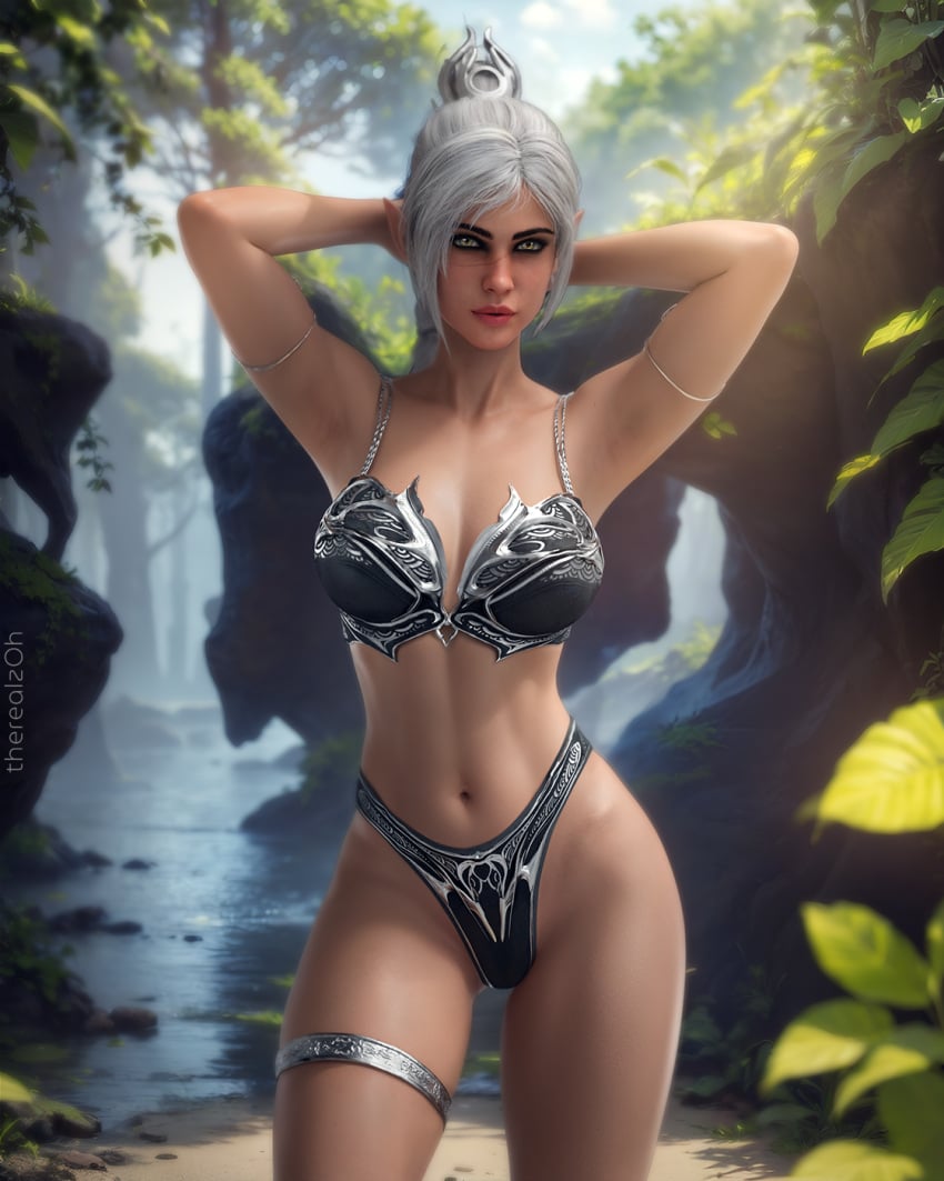 1female 1girls 3d 3d_(artwork) alternate_version_available arms_behind_head arms_up artist_name baldur's_gate baldur's_gate_3 bikini bikini_bottom bikini_top black_eyebrows blender blender_(software) bra breasts eye_contact eyebrows female female_focus female_only green_eyes hair hair_ornament hips labia labia_majora large_breasts legs lips long_hair looking_at_viewer looking_pleasured nature nature_background navel outdoors outside panties pointy_ears pussy pussy_juice scar scar_on_face shadowheart solo solo_female solo_focus standing therealzoh thick_thighs thighs tied_hair uncensored vagina water wet wet_body wet_pussy wet_skin white_hair wide_hips zoh