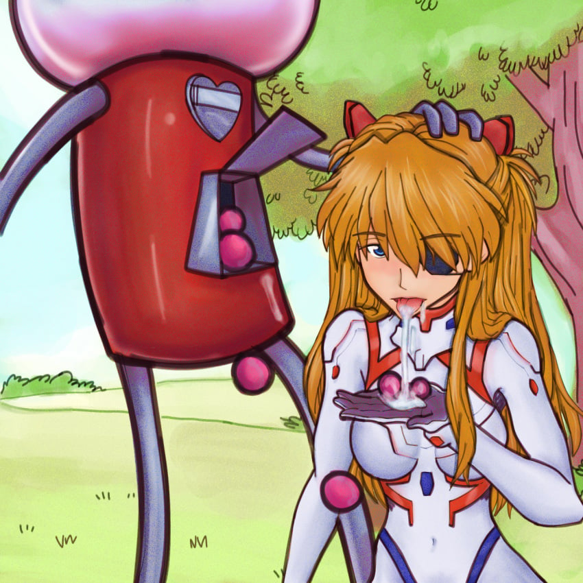 1boy 1girls asuka_langley_sohryu benson bodysuit como_tan_muchacho eyepatch female gumball gumball_machine implied_oral neon_genesis_evangelion park pilot_suit plugsuit rebuild_of_evangelion redhead regular_show saliva sex tongue_out