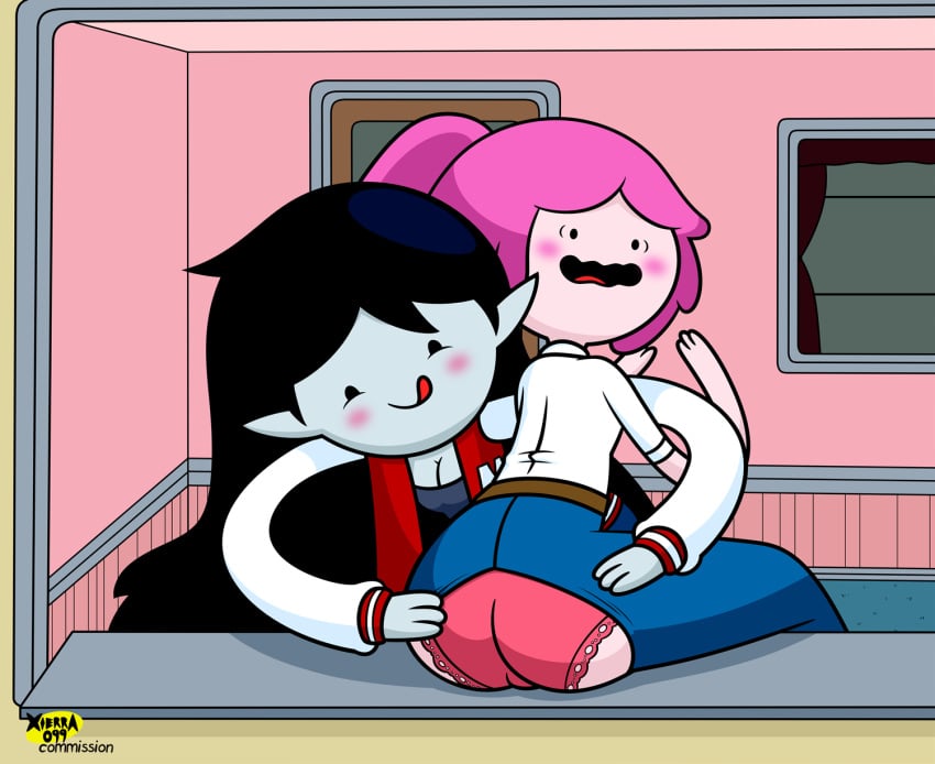 2girls adventure_time black_hair bubble_gum_girl canon_couple cartoon_network clothed clothed_female grey_skin marceline multiple_girls panties pink_body pink_hair pink_panties pink_skin pointy_ears princess_bubblegum ripped_pants ripping_clothing ripping_pants torn_pants vampire vampire_girl warner_brothers xierra099 yuri