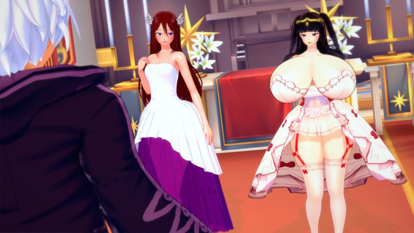 1boy 2girls 3d black_hair breast_envy breasts bride choice cordelia_(fire_emblem) fire_emblem fire_emblem_awakening gigantic_breasts nintendo red_hair rhcpftw robin_(fire_emblem) robin_(fire_emblem)_(male) small_breasts tharja_(fire_emblem) wedding_dress