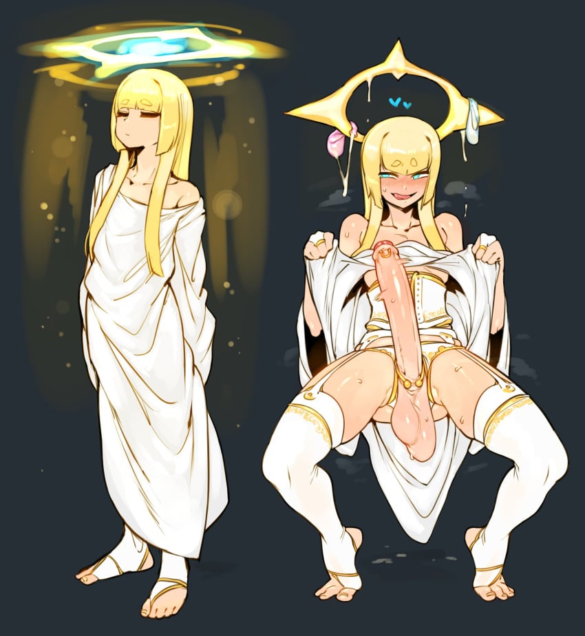 1boy angel balls big_balls big_penis blonde_hair clothed clothing crossdressing doppel erection femboy fully_clothed girly huge_cock hung_trap light-skinned_male light_skin long_hair male male_only pale_skin partially_clothed penis solo squatting standing testicles trap