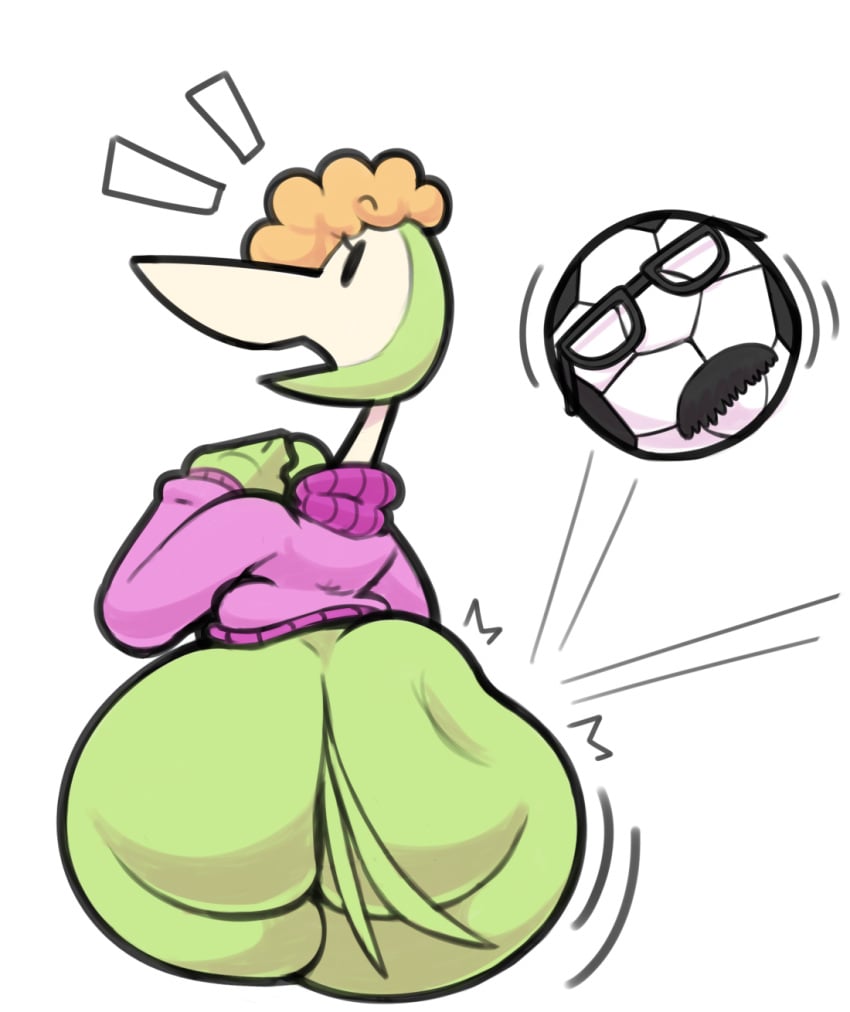 31_minutos anthro ass avian ball balon_von_bola beak big_butt bird bottomless butt_slap clothed clothing duo eyelashes eyewear female glasses green_body hair hi_res jacket jacket_only maddeku motion_lines multicolored_body orange_hair patana rattiesteps simple_background slap soccer soccer_ball sport surprised_expression tail tan_body topwear white_background