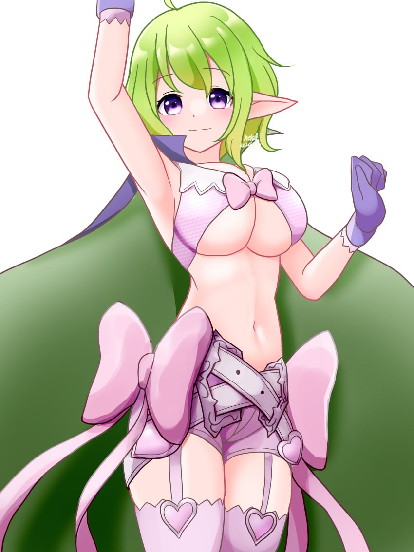 1girls ahoge armpits artist_signature breasts cape cleavage eyebrows_visible_through_hair female female_only fire_emblem fire_emblem_awakening garter_straps gloves green_hair hotpants large_breasts looking_at_viewer manakete morgan_(fire_emblem) morgan_(fire_emblem)_(female) navel neruth nintendo pointy_ears purple_eyes ribbon ribbons short_hair shorts smile solo white_background