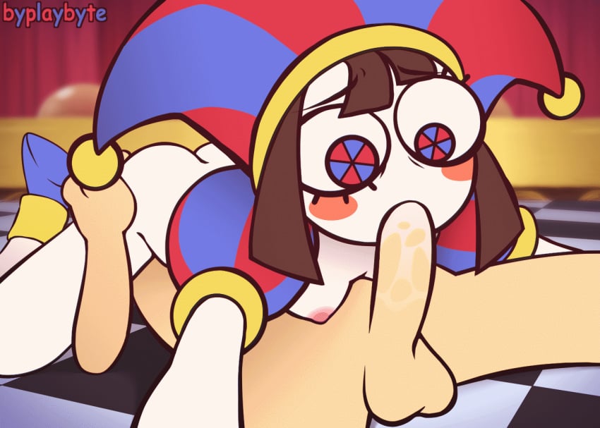 69 animated animated_gif blowjob breasts brown_hair byplaybyte faceless_male fellatio gif hair jester jester_hat jester_outfit multicolored_eyes oral partially_clothed pomni pomni_(the_amazing_digital_circus) shoes small_breasts tadc_x_humans the_amazing_digital_circus