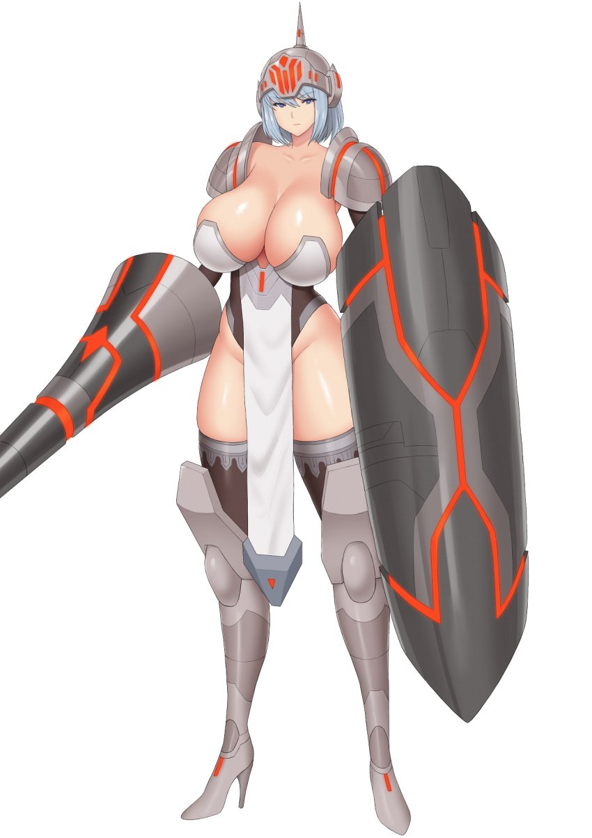 armor armored_boots armored_gloves big_breasts breasts covered_nipples covered_pussy eden_crest eyebrows_visible_through_hair female female_only grey_hair helmet high_heels kainkout knight lance purple_eyes revealing_clothes sex_bot sex_toy shield shiny_skin short_hair soldier