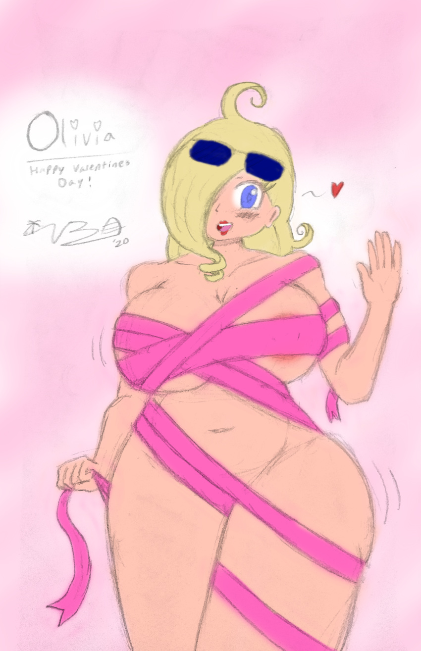 1girls blonde_hair breasts dannyiac female indigo_eyes lipstick olivia_(dannyiac) sunglasses sunglasses_on_head valentine's_day wraps