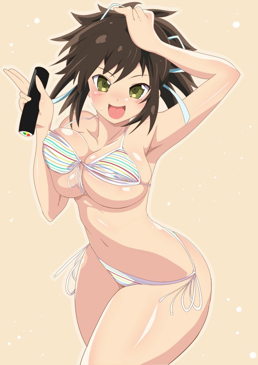 asuka_(senran_kagura) bikini breasts brown_hair cleavage geroika green_eyes looking_at_viewer open_mouth p_don senran_kagura short_hair smile tagme wide_hips