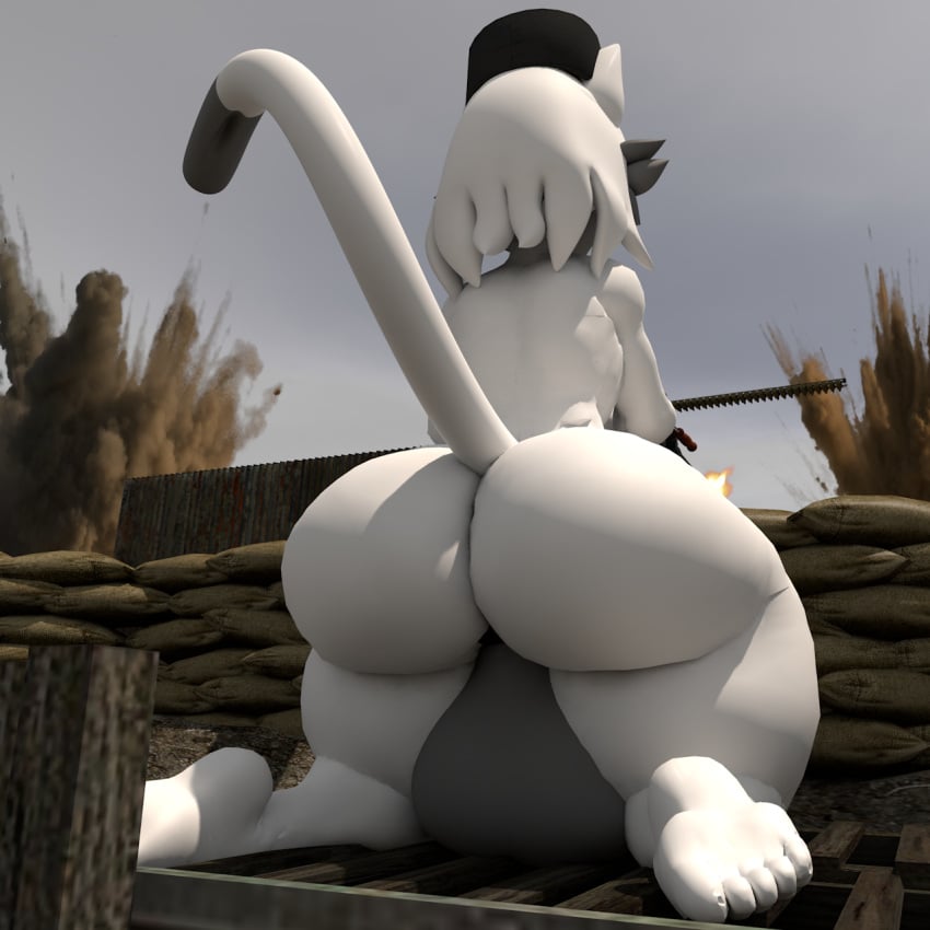 3d 3d_(artwork) 3d_model anthro big_balls big_butt explosion furry machine_gun naked trench white_tiger world_war_1