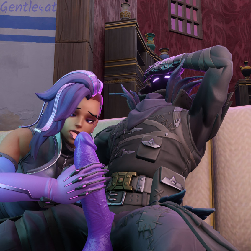 1boy 1girls 3d blowjob crossed_eyes crossover fellatio female fortnite gentlecat glowing_eyes hood male on_couch oral oral_sex overwatch overwatch_2 penis purple_hair purple_penis purple_skin raven_(fortnite) sombra