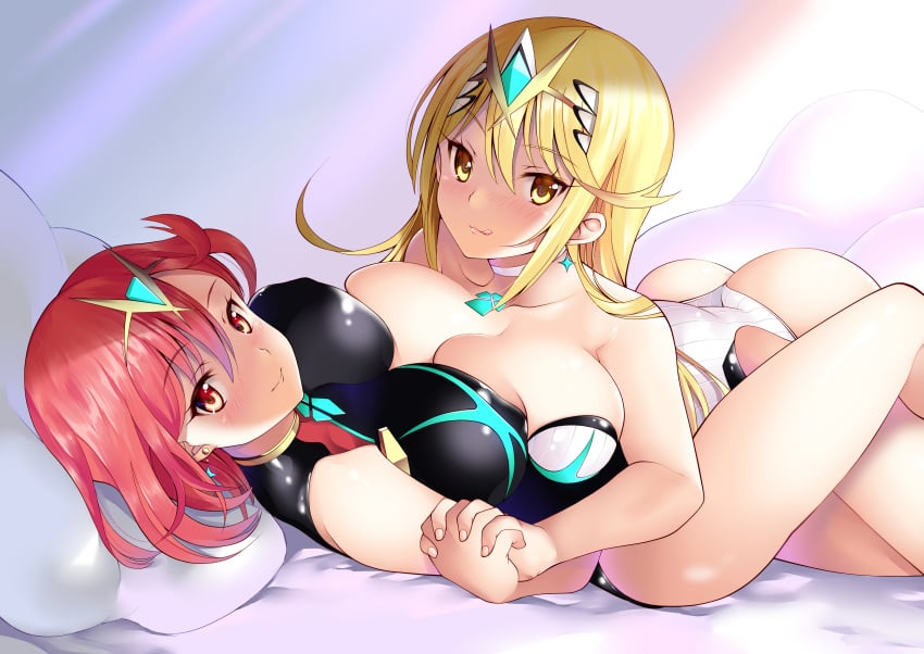 2girls absurdres ass bangs bare_shoulders black_swimsuit blonde_hair blush breasts chest_jewel cleavage collarbone competition_swimsuit daive earrings female_only headpiece highres holding_hands jewelry large_breasts licking_lips long_hair looking_at_viewer multiple_girls mythra nintendo on_back on_bed one-piece_swimsuit pyra red_eyes red_hair short_hair smile swept_bangs swimsuit symmetrical_docking thighs tiara white_swimsuit xenoblade_(series) xenoblade_chronicles_2 yellow_eyes yuri