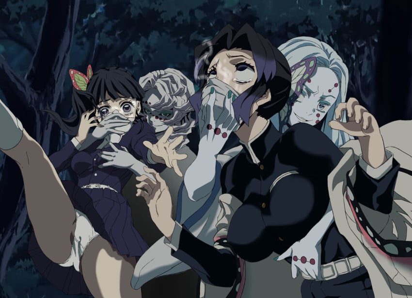 1boy 3girls alternate_ending anime_style artstyle_imitation bra captured_girl captured_heroine chloroform crying crying_with_eyes_open damsel_in_distress defeated_heroine demon_girl demon_slayer female groping groping_breasts groping_from_behind hand_on_body hand_on_breast kimetsu_no_yaiba kochou_shinobu male multiple_girls older_sister_spider_demon rui_(kimetsu_no_yaiba) sisters spider_girl suprised tears tears_of_pain trying_to_break_free trying_to_escape tsuyuri_kanao