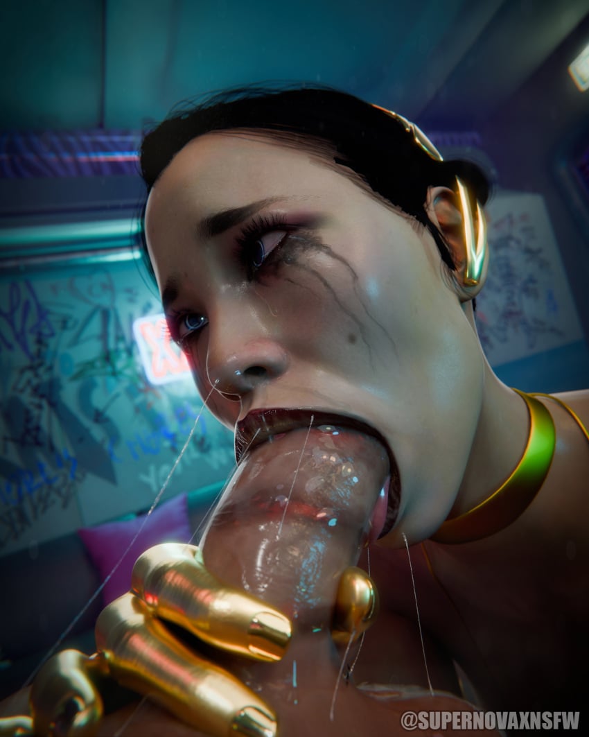 1boy 1girls 3d 3d_(artwork) absurdly_large_cock ahe_gao asian beauty_mark big_penis bikini blender blowjob blue_eyes blush choker close-up cyberpunk_2077 dark_hair deepthroat dick fellatio genitals gold_jewelry hanako_arasaka hand_on_penis highres holding_penis jewelry large_penis light-skinned_female light-skinned_male light_skin lipstick_on_penis makeup naked naked_male on_knees oral oral_penetration penetration penis penis_in_mouth red_lipstick ruined_makeup saliva saliva_trail short_hair side_view supernovax testicles throat_goat tongue tongue_out tongue_out_blowjob veiny_penis