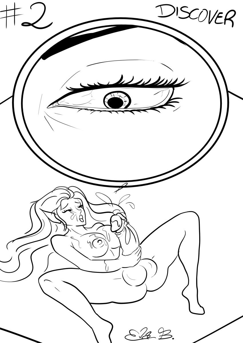 big_breasts big_penis cum cum_on_breasts cum_on_face dick dickgirl discovered elves futanari glass inkober_2024 inktober magnifying masterplusplayer masturbation monochrome monster_girl nut