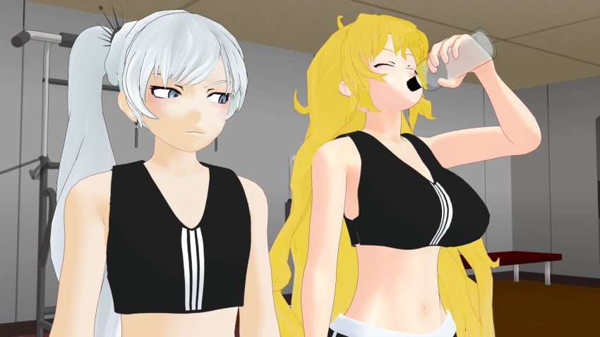 blonde_female blonde_hair blue_eyes breast_envy drinking_glass looking_at_breasts ponytail rwby theblackbirdcalls weiss_schnee white_hair white_hair_female yang_xiao_long