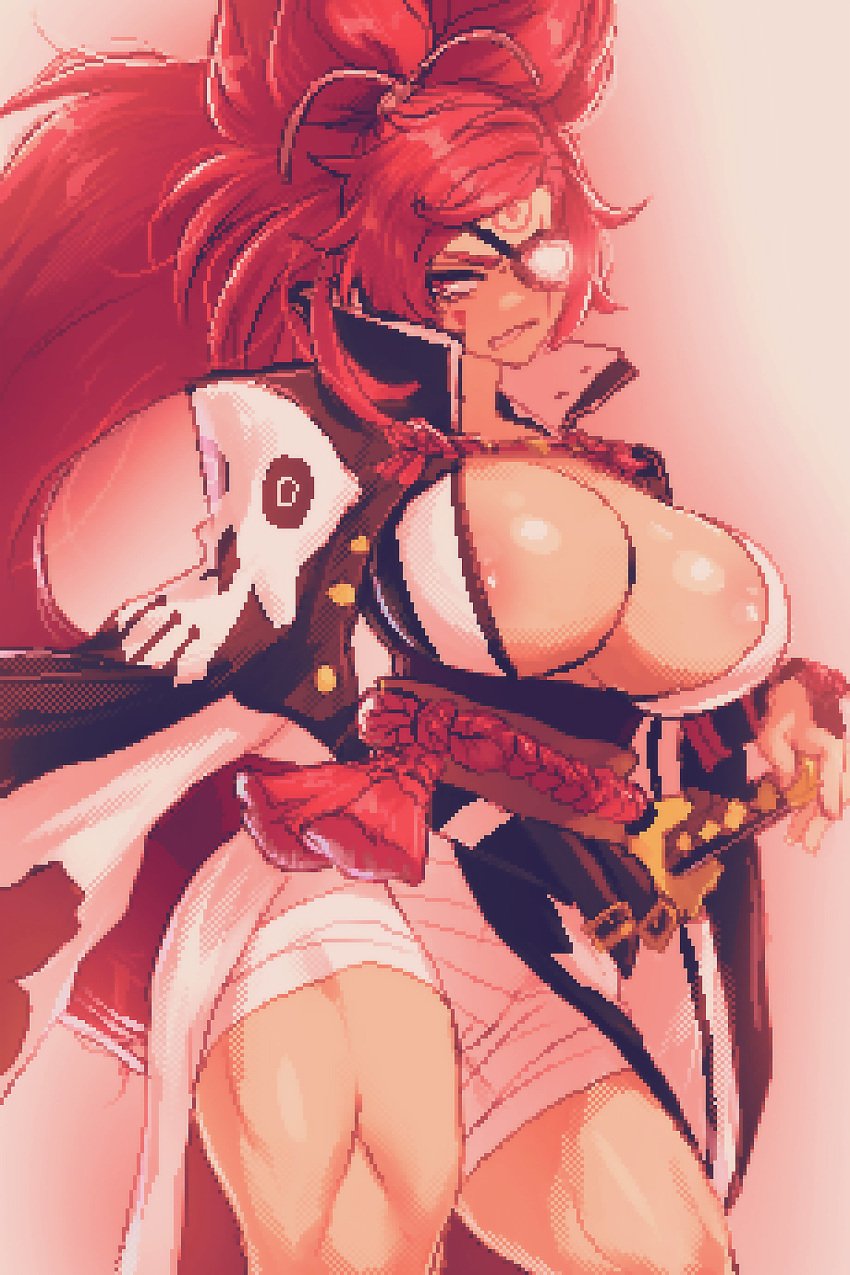 1girls absurdres amputee baiken big_hair black_jacket black_kimono breasts cleavage eyepatch facial_tattoo female guilty_gear guilty_gear_xrd highres jacket jacket_on_shoulders japanese_clothes kataginu katana kimono large_breasts long_hair long_sleeves looking_at_viewer missing_eye multicolored_clothes multicolored_kimono open_clothes open_kimono pixel_art ponytail red_eyes red_hair samurai scar scar_across_eye spoiledmuffin sword tattoo torn_sleeve weapon white_kimono