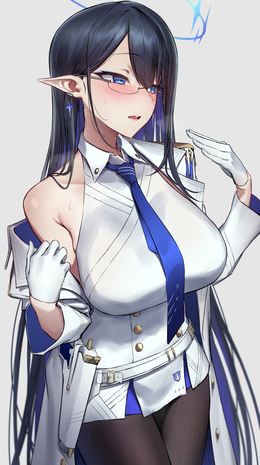 1girls black_hair blue_archive blue_eyes blush bust-waist_contrast female female_focus female_only flat_belly general_student_council_(blue_archive) general_student_council_logo_(blue_archive) glasses gloves halo inframammary_clothing_crease large_breasts light-skinned_female light_skin long_hair looking_away monegi pantyhose rin_(blue_archive) sweating tagme tight_clothing tight_fit