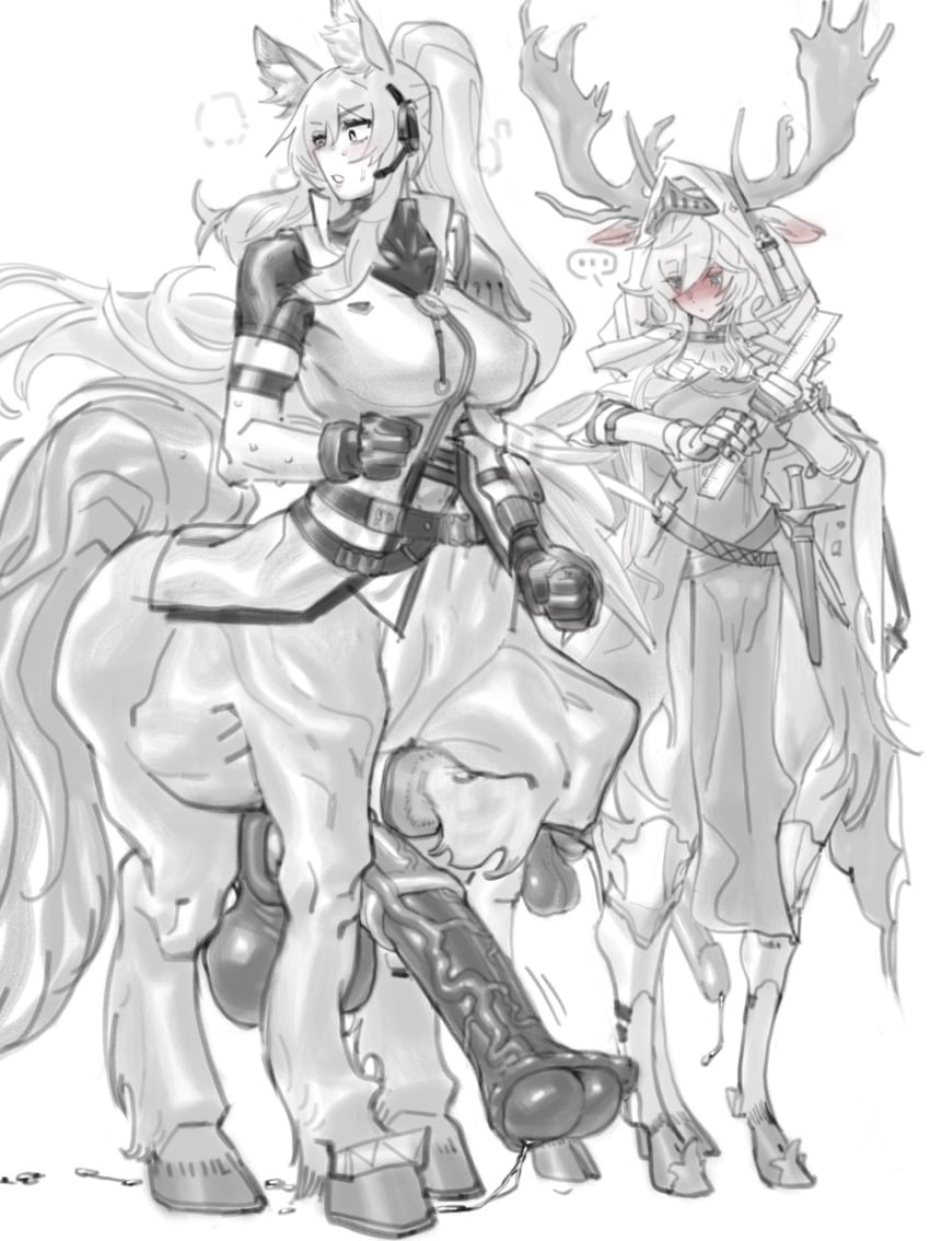 2futas animal_ears animal_genitalia arknights balls big_breasts bottomless breasts centaur centauress clothed clothing duo erection futa_only futanari greyscale hitobashira_(1746164306) horsecock huge_balls huge_cock humanoid long_hair nearl_(arknights) partially_clothed penis size_difference standing victim_alice viviana_(arknights)