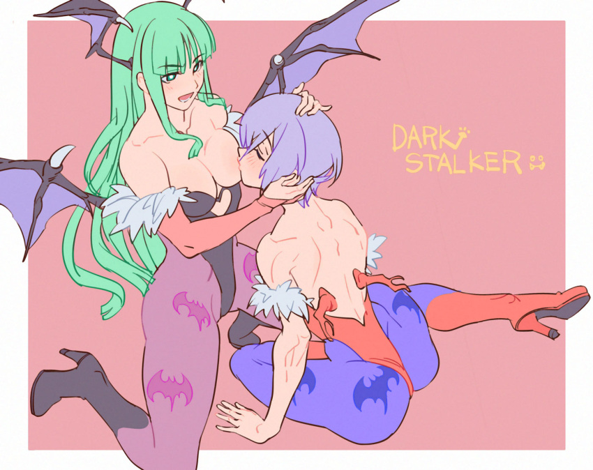 2demons 2girls animal_print back bare_shoulders bat_print black_leotard breast_sucking breasts bridal_gauntlets closed_eyes clothing_cutout darkstalkers demon_girl female futa_yuri_ryona green_eyes green_hair head_wings heart_cutout high_heels incest large_breasts leotard lilith_aensland long_hair morrigan_aensland multiple_girls non-canon pantyhose purple_hair purple_pantyhose red_leotard short_hair simple_background stomach_cutout succubi succubus vampire wings yuri