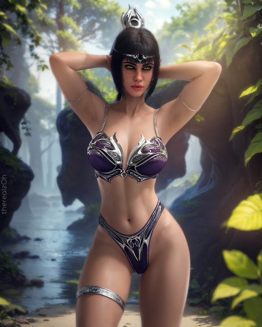 1female 1girls 3d 3d_(artwork) alternate_version_available arms_behind_head arms_up artist_name baldur's_gate baldur's_gate_3 bikini bikini_bottom bikini_top black_eyebrows black_hair blender blender_(software) bra breasts eye_contact eyebrows female female_focus female_only green_eyes hair hair_ornament hips labia labia_majora large_breasts legs lips long_hair looking_at_viewer looking_pleasured nature nature_background navel outdoors outside panties pointy_ears pussy pussy_juice scar scar_on_face shadowheart solo solo_female solo_focus standing therealzoh thick_thighs thighs tied_hair uncensored vagina water wet wet_body wet_pussy wet_skin wide_hips zoh