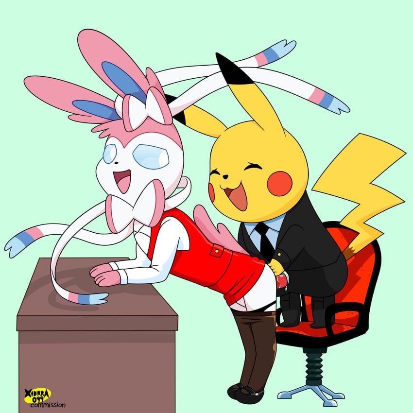 1boy 1girls blue_eyes chair clothed clothed_sex desk doggy_style eeveelution eyes_closed feral feral_on_feral generation_1_pokemon generation_6_pokemon hands_on_desk light_blue_eyes long_ears on_desk penis penis_out_of_pants pikachu pokemon pokemon_(species) pussy_juice_on_penis red_dress ribbons sex standing_on_chair suit sylveon tuxedo vaginal_sex white_fur xierra099 yellow_fur