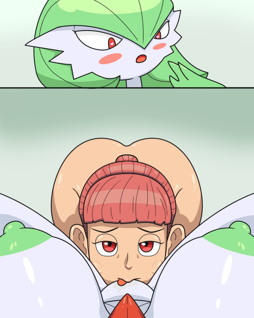 2girls 2koma areolae ass_up bangs big_breasts blush breasts comic cunnilingus eyes_half_open face_between_thighs female/female female_only female_pov gardevoir generation_3_pokemon green_hair hand_to_own_mouth haru_(pokemon_concierge) heart-shaped_pupils human large_breasts legs_apart licking licking_pussy light-skinned_female light_skin looking_at_viewer looking_down looking_pleasured multiple_girls netflix nintendo nipples open_mouth pokemon pokemon_(species) pokemon_concierge pokemon_pov pokemon_rse pokephilia ponytail pov pussy red_eyes red_hair saliva simple_background solo_female thick_thighs tongue top-down_bottom-up white_body white_skin yuri