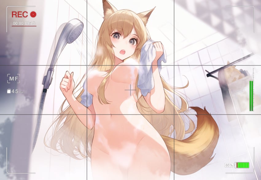 1girls 2024 afezeria! animal_ears arknights bath bathing bathroom blonde_hair blonde_hair censored covered_nipples hi_res horn_(arknights) kemonomimi light-skinned_female light_skin long_hair looking_at_viewer naked naked_female nude nude_female recording solo standing voyeur voyeurism wolf_ears wolf_girl wolf_tail