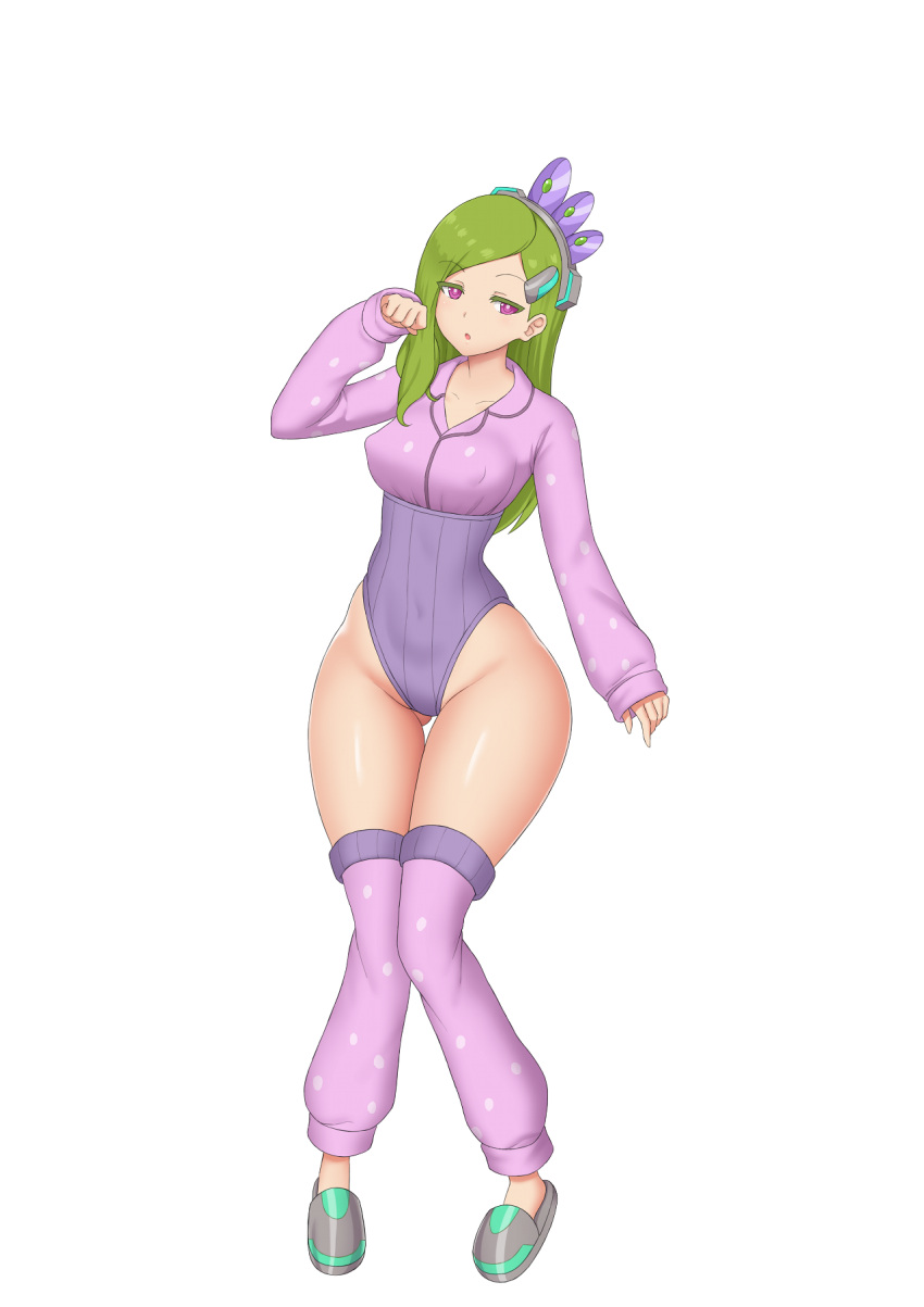 :o belly_button_visible_through_clothing bored_expression bubble_ass bubble_butt eden_crest green_hair hair_ornament kainkout long_hair pink_eyes shiny_skin small_breasts