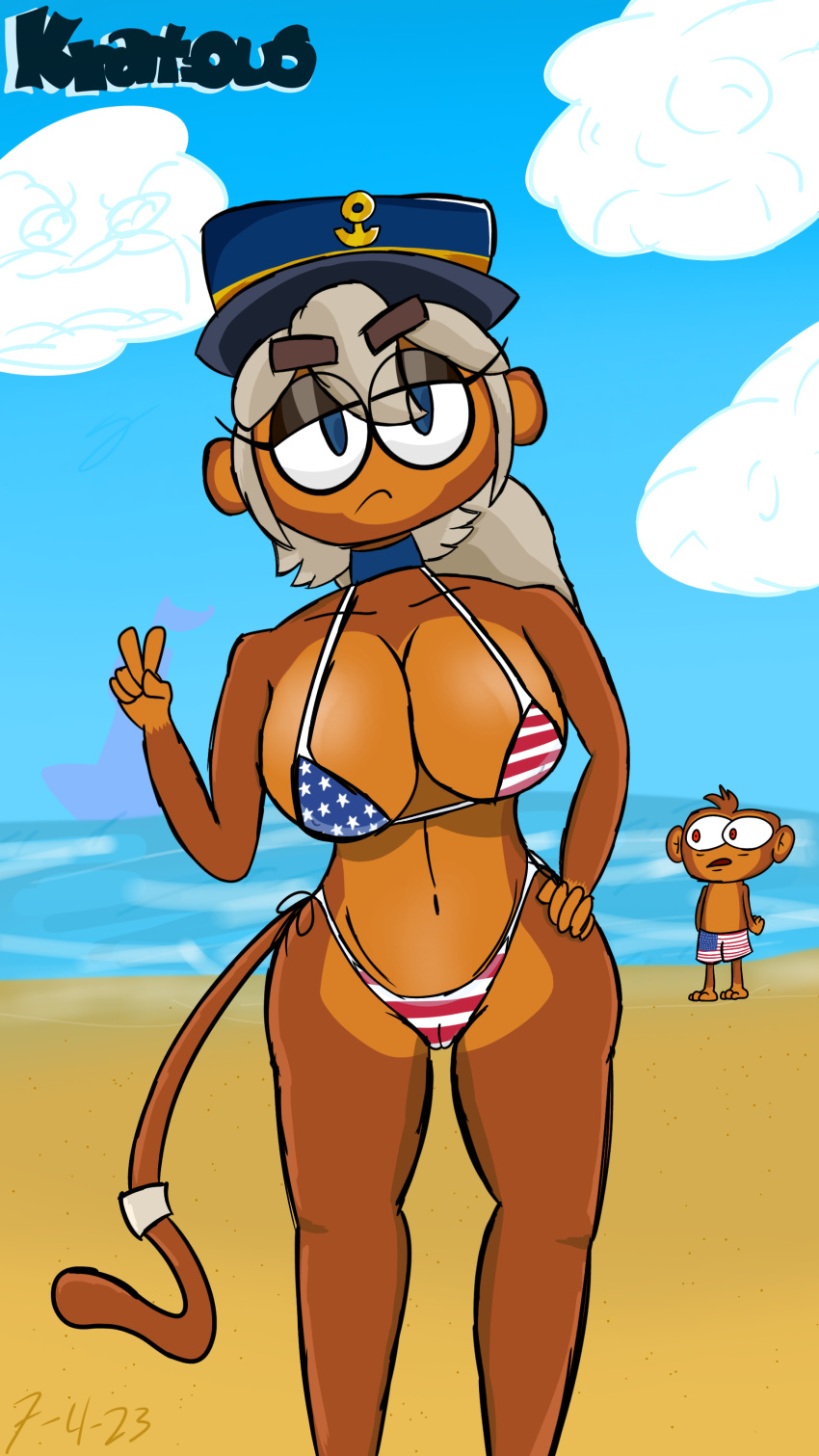 1boy 1girls admiral_brickell american_flag_bikini anthro artist_request big_breasts bikini bloons_tower_defense breasts cameltoe dart_monkey female female_focus monkey monkey_girl navel primate swimsuit