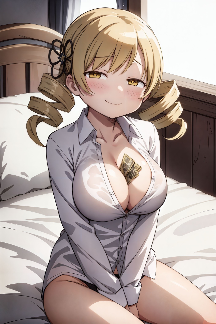 1girls ai_generated bedroom bedroom_setting big_breasts blonde_hair cash drill_hair goodmorningmado looking_at_viewer magical_girl mahou_shoujo_madoka_magica money_in_cleavage puella_magi_madoka_magica sitting_on_bed smiling smiling_at_viewer solo solo_female solo_focus tomoe_mami twin_drills twintails yellow_eyes yellow_hair