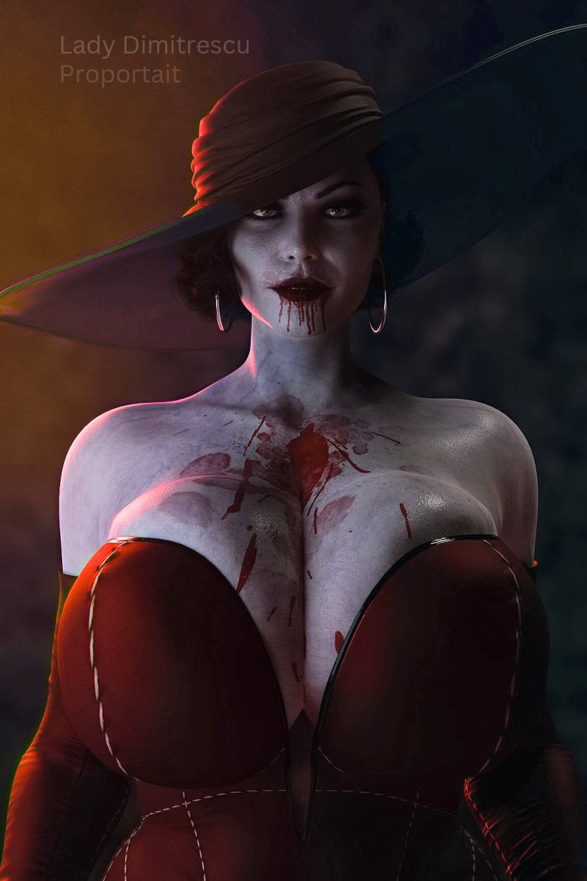 1girls 3d alcina_dimitrescu bare_shoulders big_breasts big_cleavage big_hat big_lips black_hair black_hat blood blood_on_breasts blood_on_chest blood_on_chin blood_on_face breast_support breasts bust busty capcom chest cleavage corset cropped_torso curvaceous curvy curvy_figure dark_hair deep_cleavage earrings eyebrows eyelashes eyes female female_focus front_view full_cleavage hair hat hips hoop_earrings horror_game huge_breasts human humanoid large_breasts legs light-skinned_female light_skin lips lipstick mature mature_female milf mini_giantess monster_girl mother mutant nightmare_fuel pale-skinned_female pale_skin red_clothing red_corset red_lips red_lipstick resident_evil resident_evil_8:_village scary standing sun_hat tall_female upper_body vampire video_game_character video_games villain villainess voluptuous voluptuous_female waist white-skinned_female white_body white_skin wide_hips