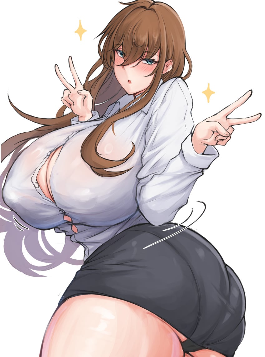 1girls ass big_ass big_breasts big_butt blue_eyes breasts brown_hair busty curvaceous curvy curvy_body curvy_female curvy_figure double_v female huge_ass huge_breasts large_breasts minori_(user_eket5233) original original_character peace_sign voluptuous