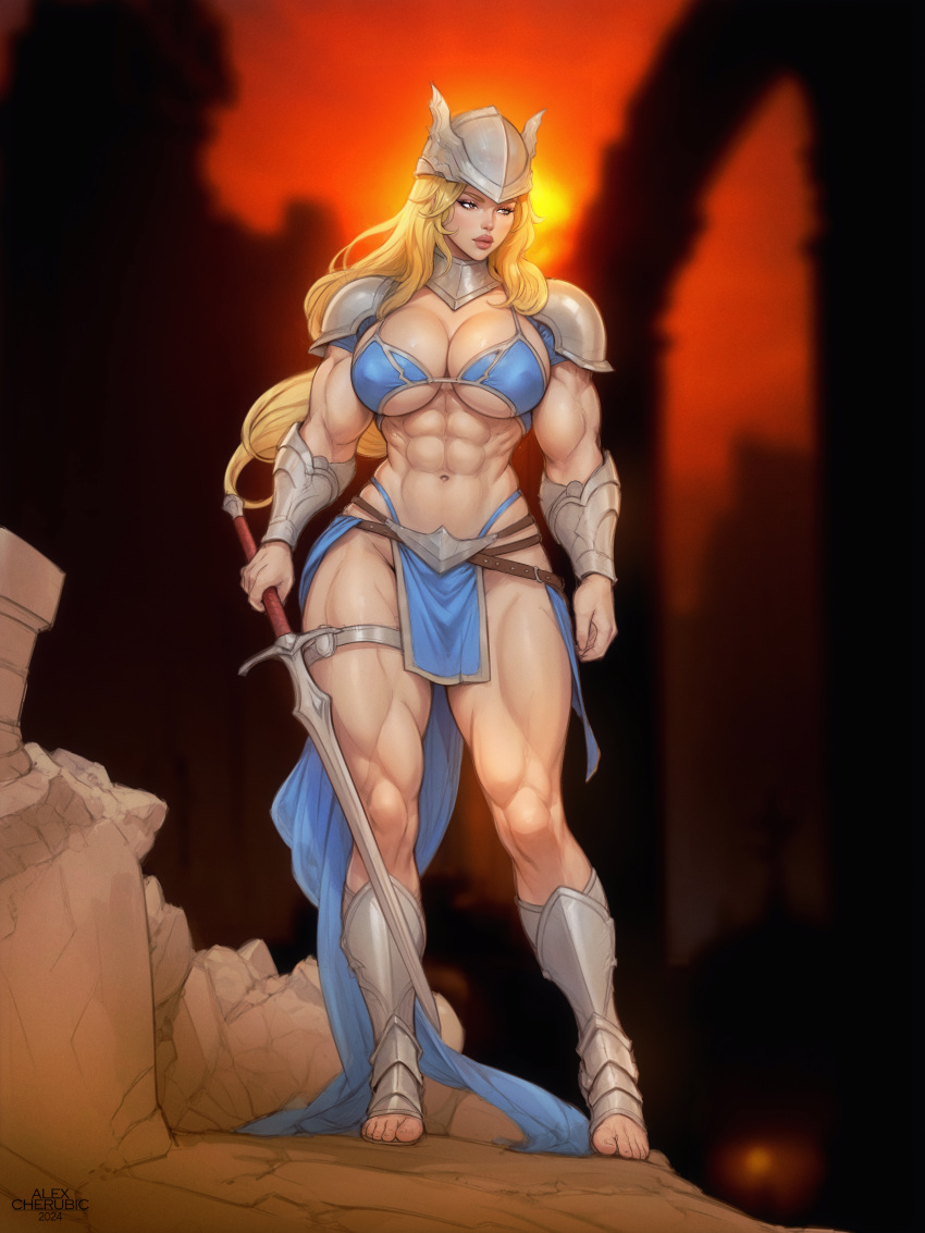 1girls abs alexcherubic armor barefoot biceps bikini bikini_armor breasts female female_only knight light-skinned_female long_hair muscle muscles muscular muscular_female navel oc original original_character solo sword warrior weapon