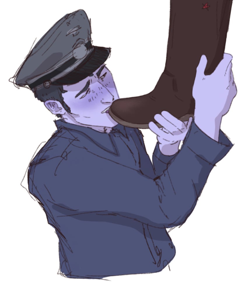 1boy 2boys ambiguous/male blue_skin boot boot_fetish boot_licking boot_on_face boot_worship bootlicking boots boots_lick bugweisser centricide collared_shirt communism_(centricide) gay hat holding_boots jreg licking_boot male/ambiguous nazi_(centricide) no_background no_sex officer_hat soviet submissive submissive_male uniform unknown_character white_background willing_sub