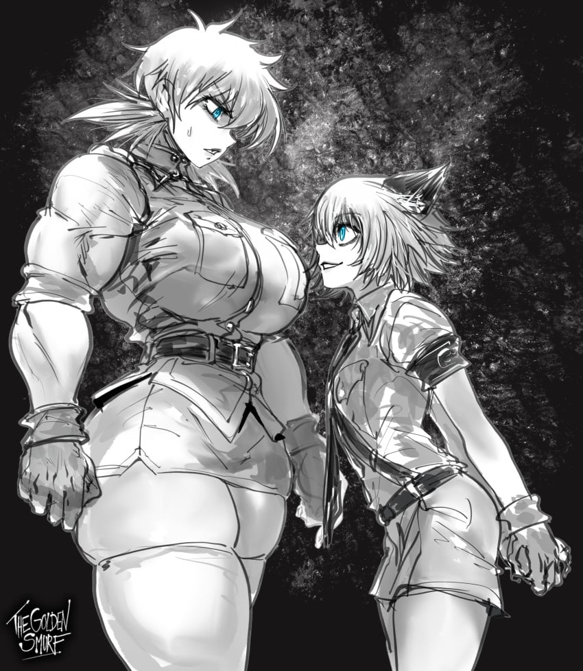 1boy 1boy1girl 1girls androgynous black_and_white blue_eyes cat_ears catboy cheeky_smile confused_look cute_male detailed femboy feminine_male hands_behind_back hellsing hellsing_ultimate huge_breasts looking_at_another looking_down looking_up male massive_breasts muscular_female schrodinger seras_victoria size_difference smaller_male sweat taller_girl thegoldensmurf thick_thighs tight_clothing uniform