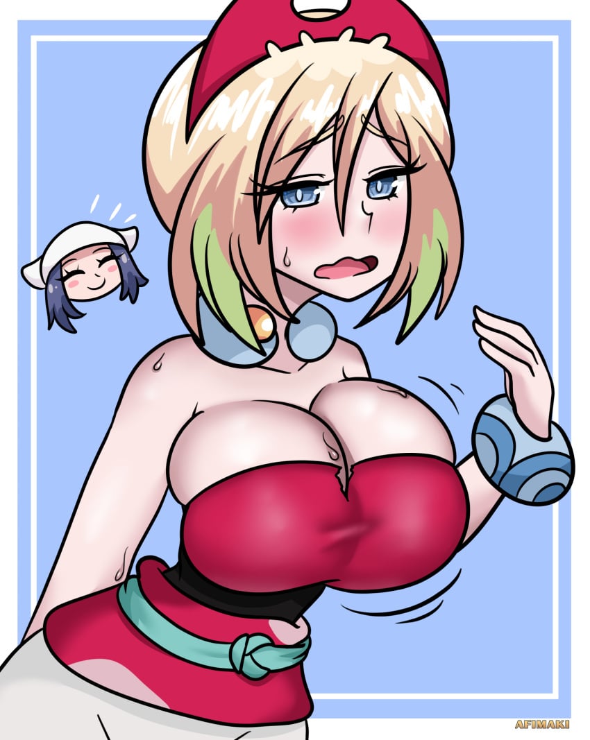 2024 2d 2d_(artwork) 2girls afimaki akari_(pokemon) big_breasts blonde_hair blue_eyes blue_hair bracelet breasts bursting_breasts embarrassed huge_breasts irida_(pokemon) mouth nintendo open_mouth pokemon pokemon_legends:_arceus shiny_breasts shiny_hair shiny_skin short_hair sweat sweating sweaty_body sweaty_breasts yellow_hair