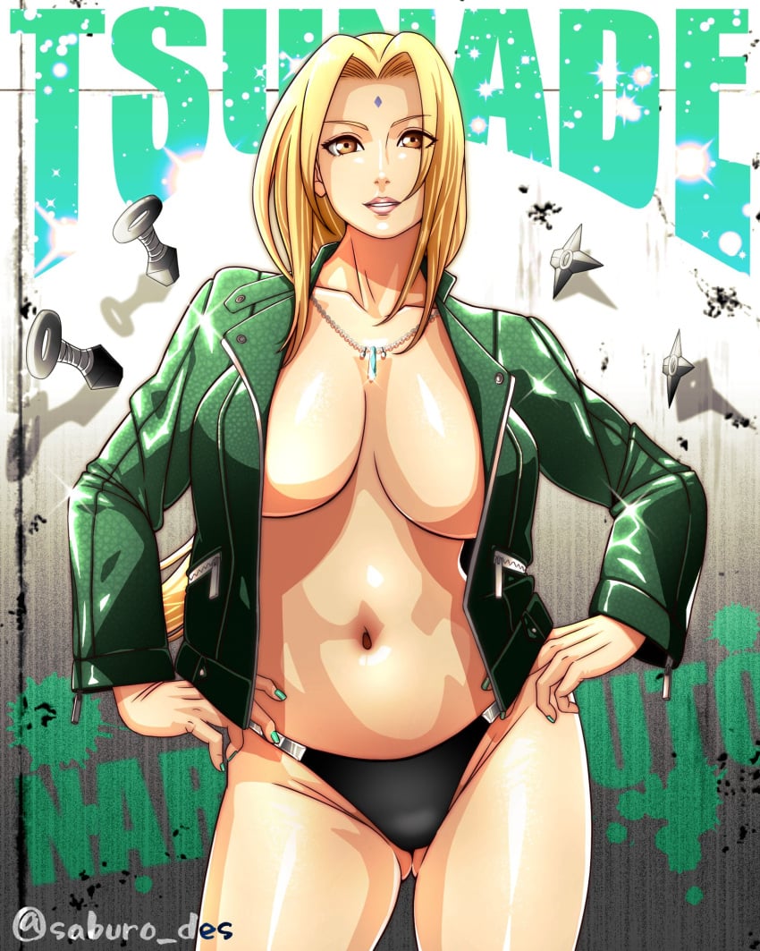 1girls adapted_costume alternate_costume artist_name big_breasts bottomless character_name cleavage facing_viewer female female_only front_view hands_on_hips huge_breasts jacket jewelry kunai large_breasts leather leather_jacket lipstick makeup mature mature_female mature_woman midriff milf mostly_nude nail_polish naruto naruto_(series) naruto_shippuden necklace no_bra panties partially_clothed pinup saburo_des sagging_breasts shuriken solo solo_focus standing thighs tsunade voluptuous watermark