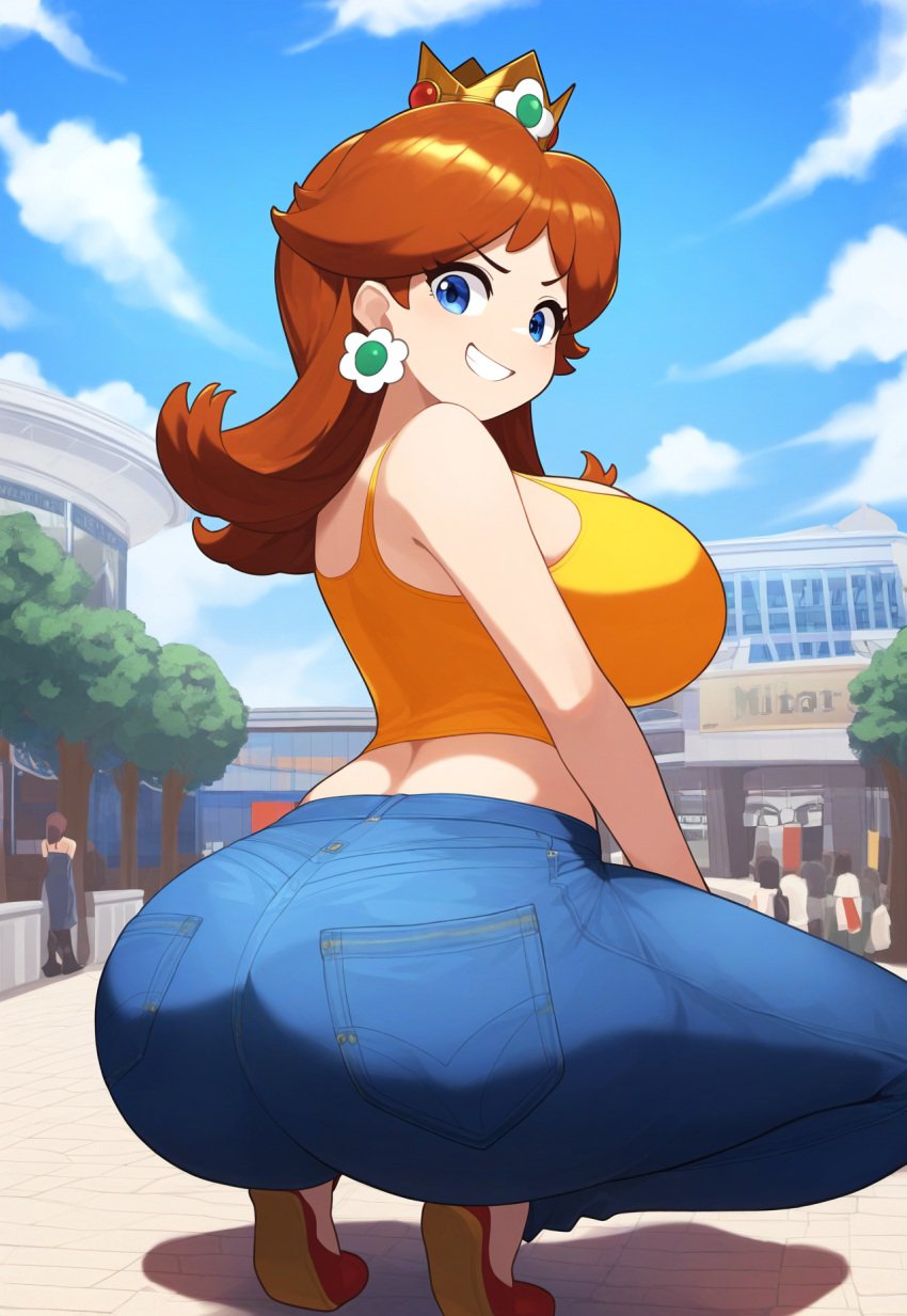 ai_generated bimbo female huge_ass huge_breasts jeans lubbasdump mall mario_(series) outdoors princess_daisy smirk squatting super_mario_bros. tank_top